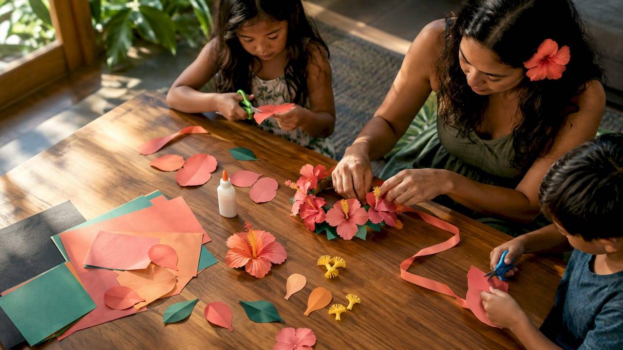 Family making paper hibiscus flowers
