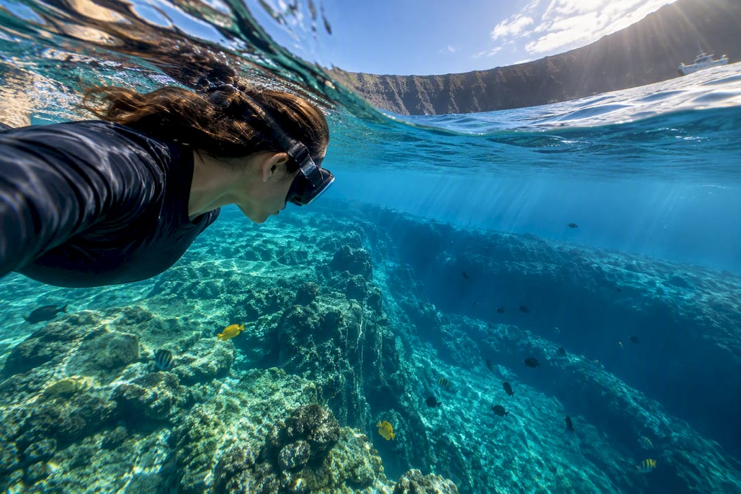 Snorkeler viewing reef at Molokini Crater