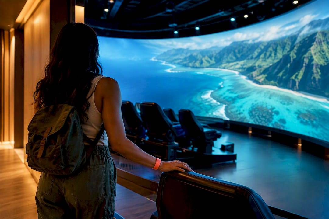 Visitor entering immersive Hawaiian flying theater