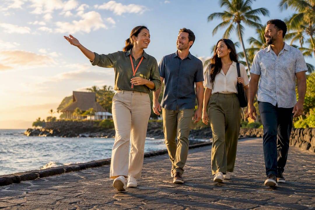 Corporate group walking from Kona pier
