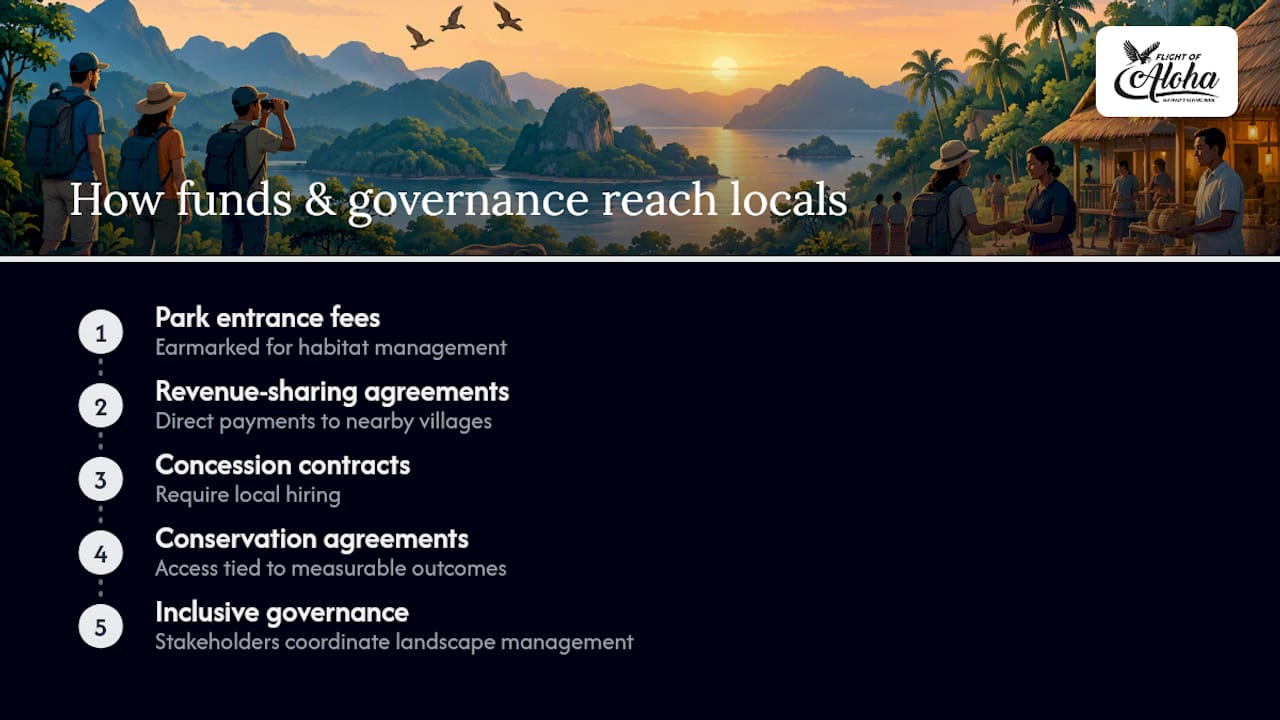 How ecotourism funds and governance support conservation and local communities — overview diagram
