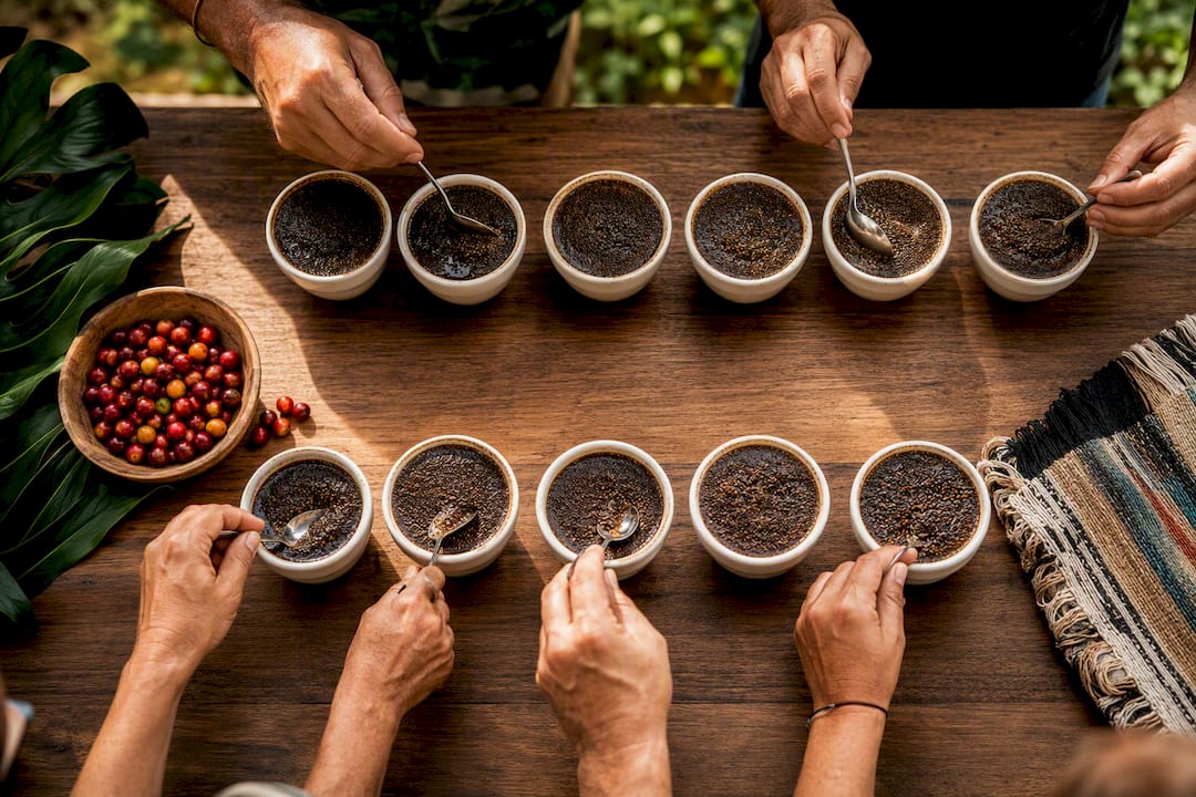 Coffee tasters evaluating Kona coffee cups