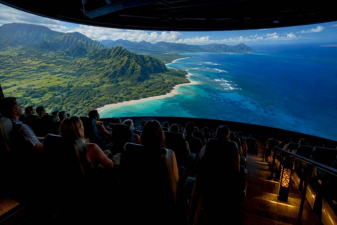 Hawaiian immersive theater showing aerial island landscapes