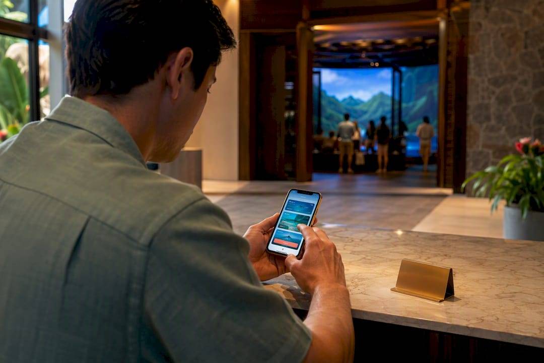 Traveler reviewing Hawaiian attraction booking options