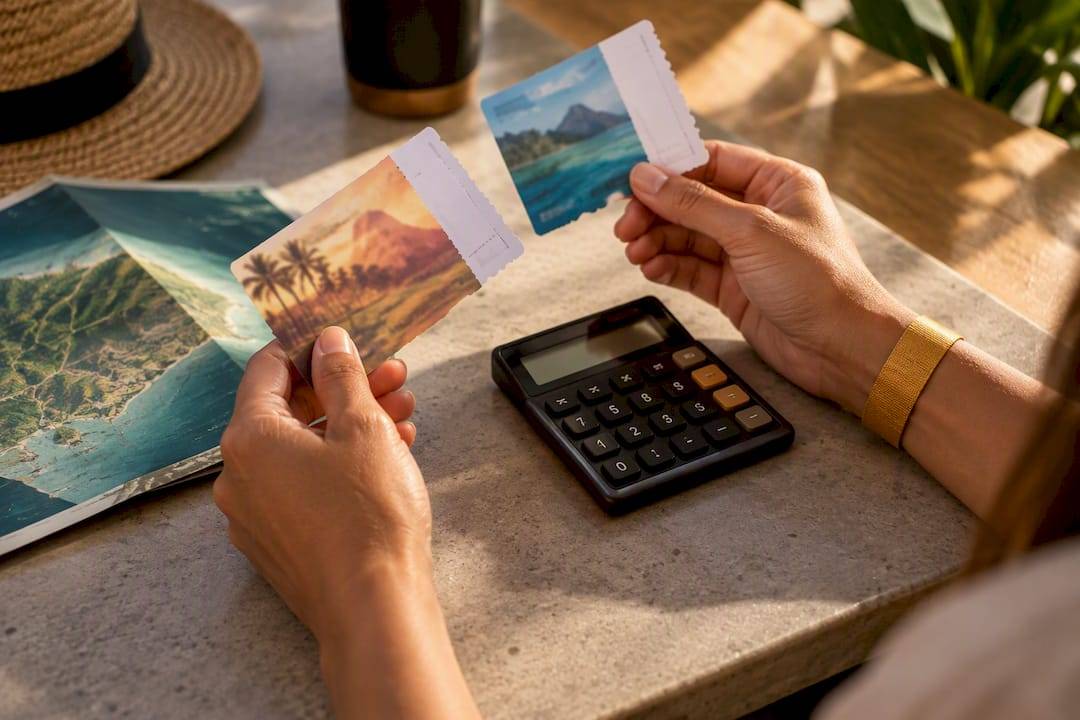 Hands checking a theme park ticket total