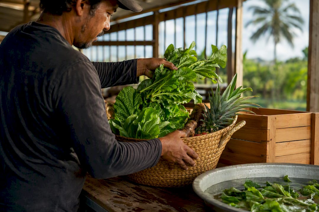 Worker sorting fresh produce at a Hawaiian farm