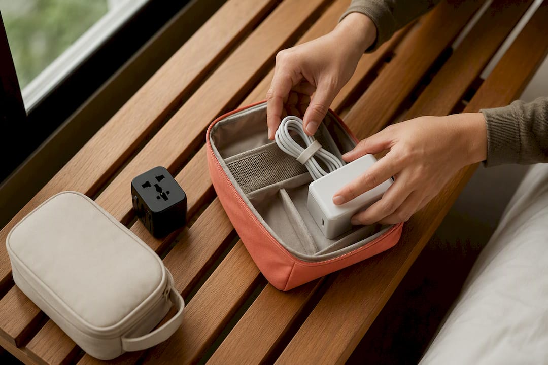 Traveler organizing chargers in pouch