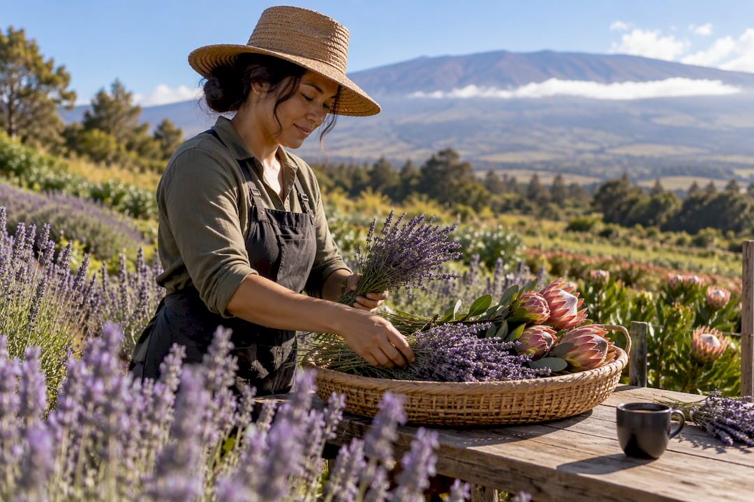 Worker harvesting flowers at Kula farm