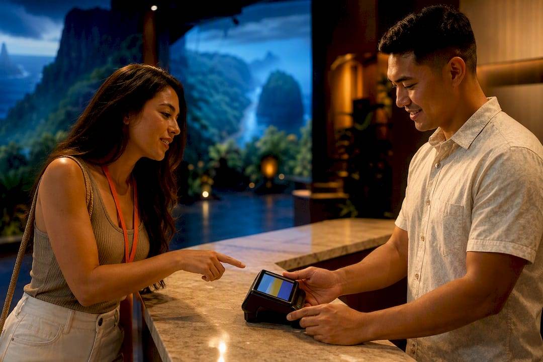 Traveler reviewing ticket total at Hawaii box office