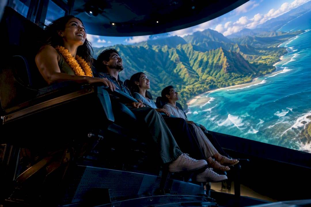 Visitors experiencing a Hawaiian flying theater