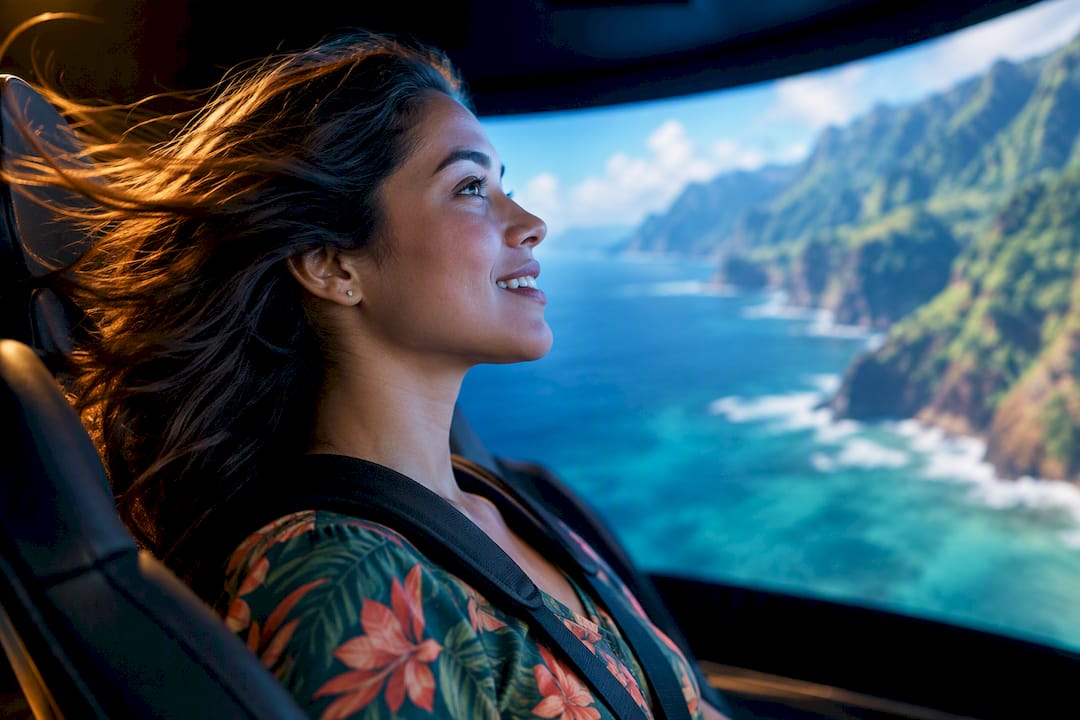 Visitor feeling wind during immersive theater ride