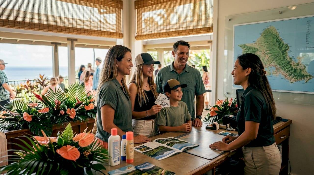 Family at Hawaii visitor center with annual passes