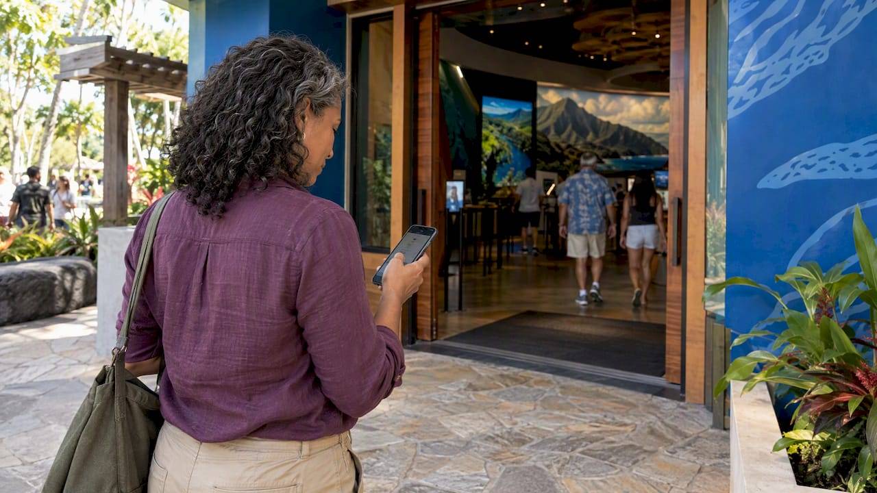 Visitor checking details outside Flight of Aloha