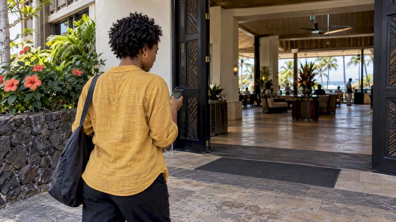 Visitor checks directions outside Kona hotel