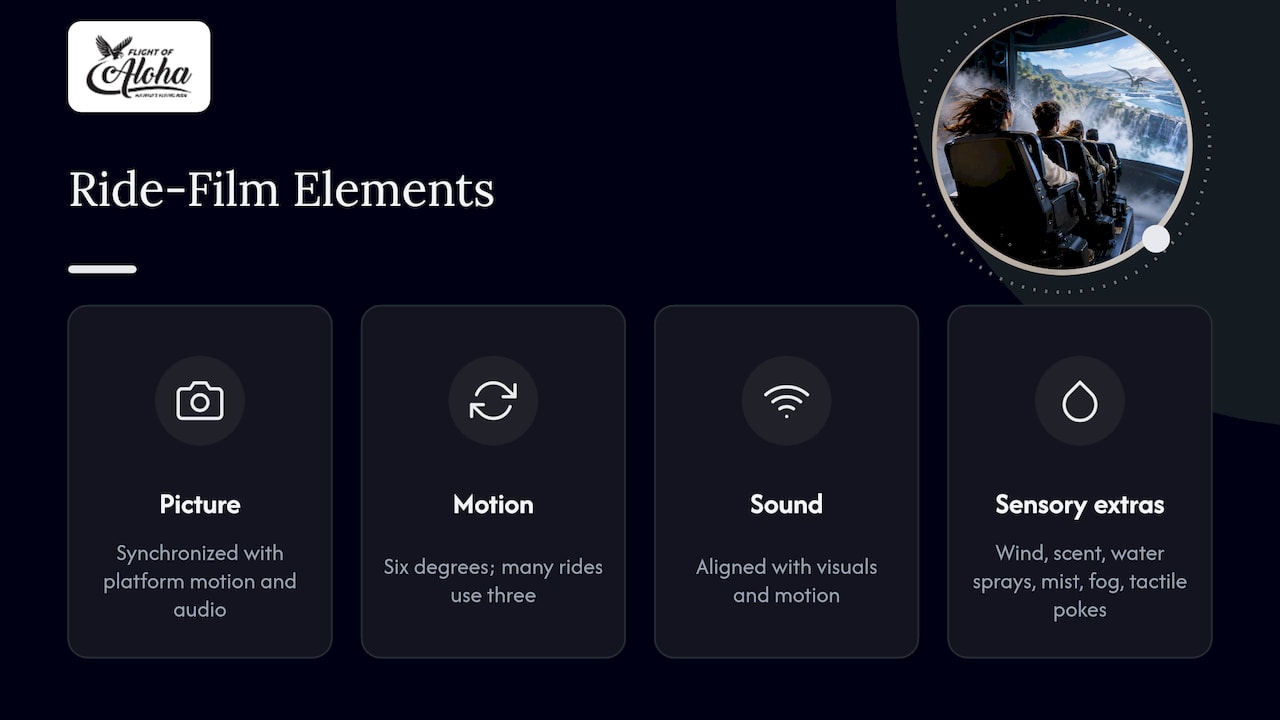 Three synchronized elements of an immersive ride film