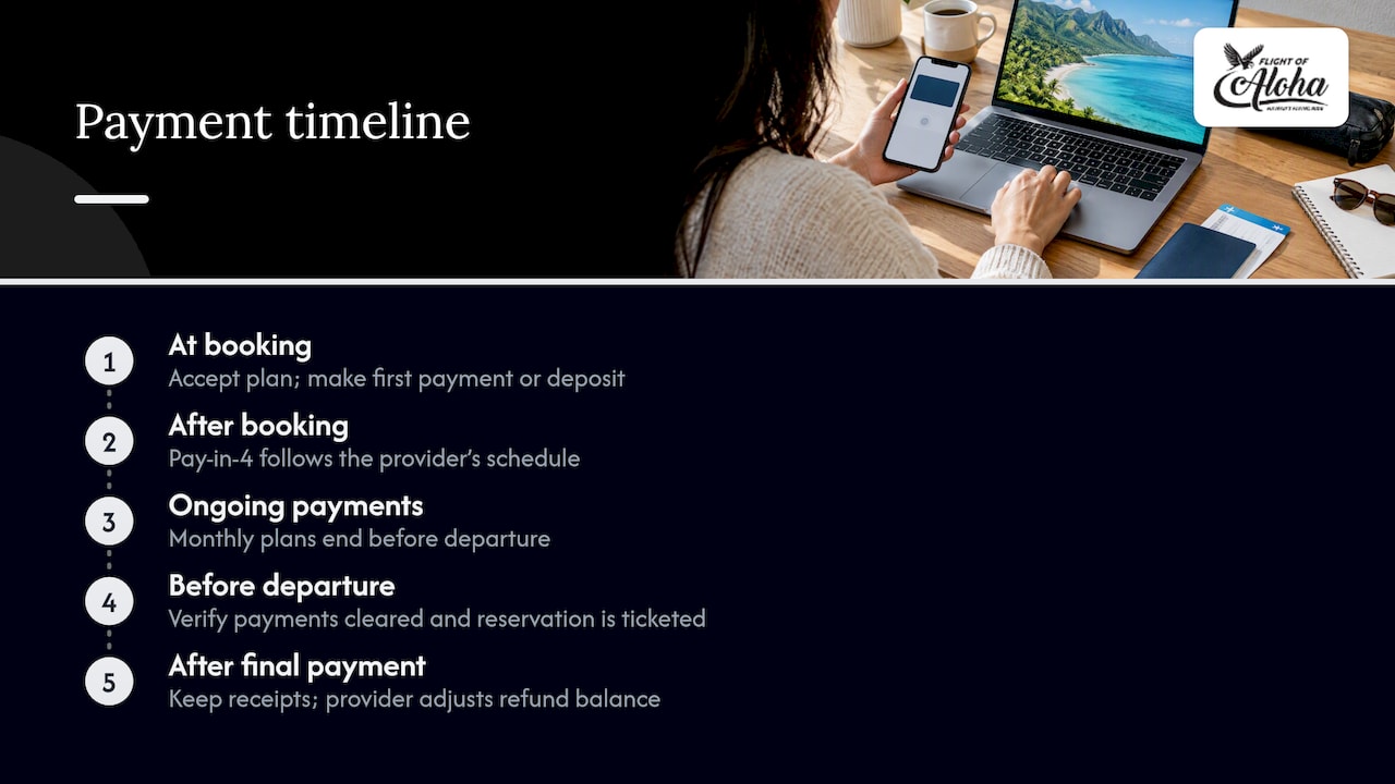 Flight installment timeline from booking through refund adjustment