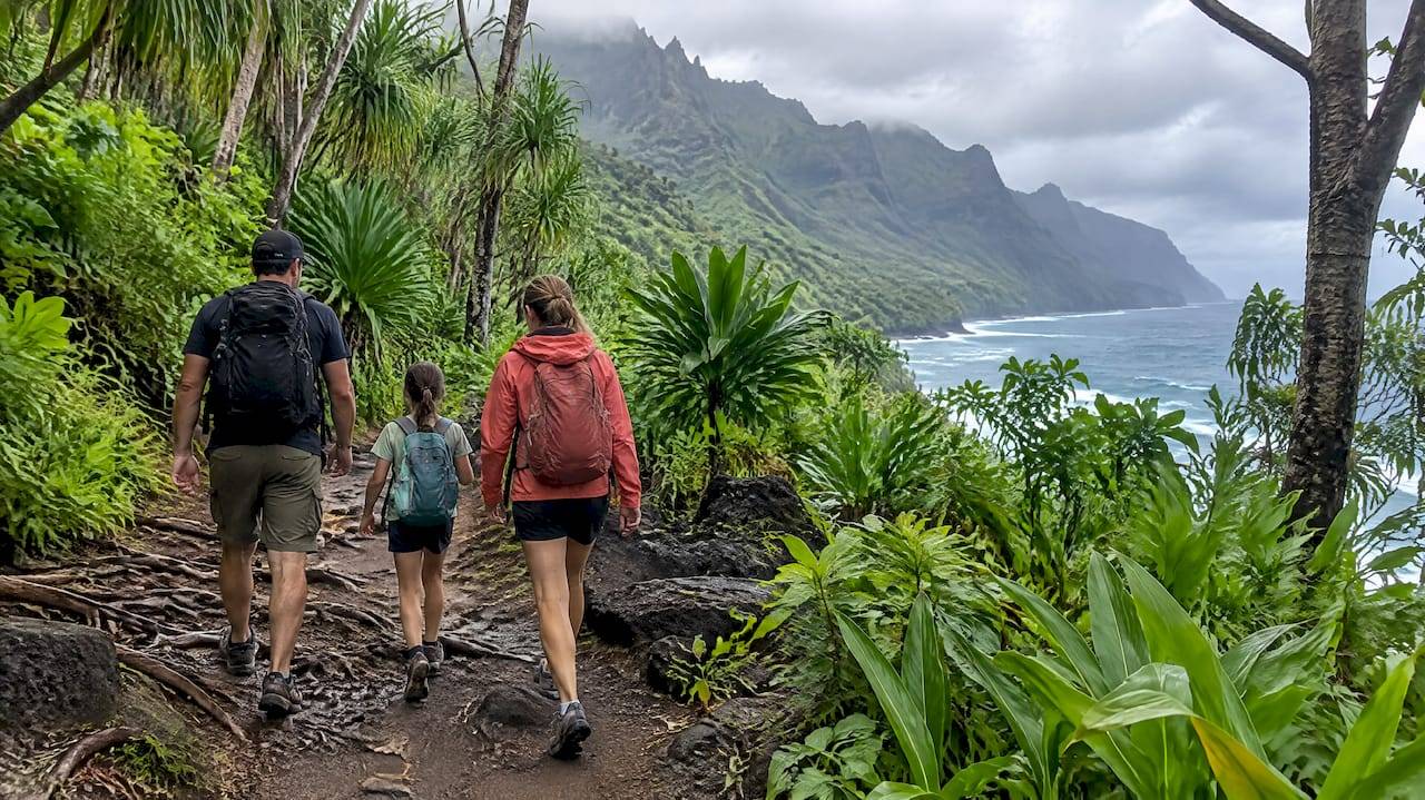 Visitors beginning Hāʻena State Park trail