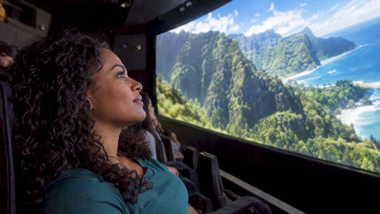 Guest experiencing wind during immersive Hawaiian ride