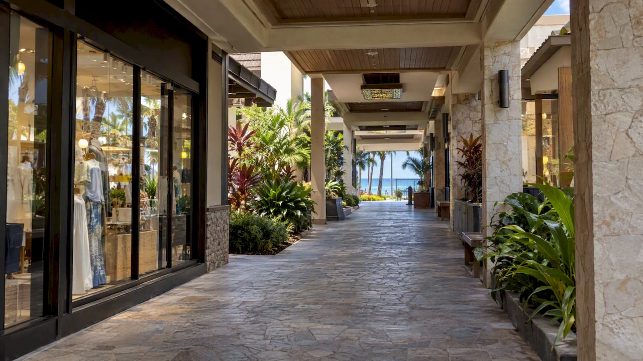 Covered Whalers Village oceanfront walkway